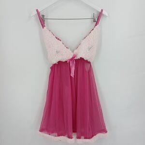 women Austin Powers Fembot Costume Hot Pink Sheer Mesh Babydoll Slip Dress large